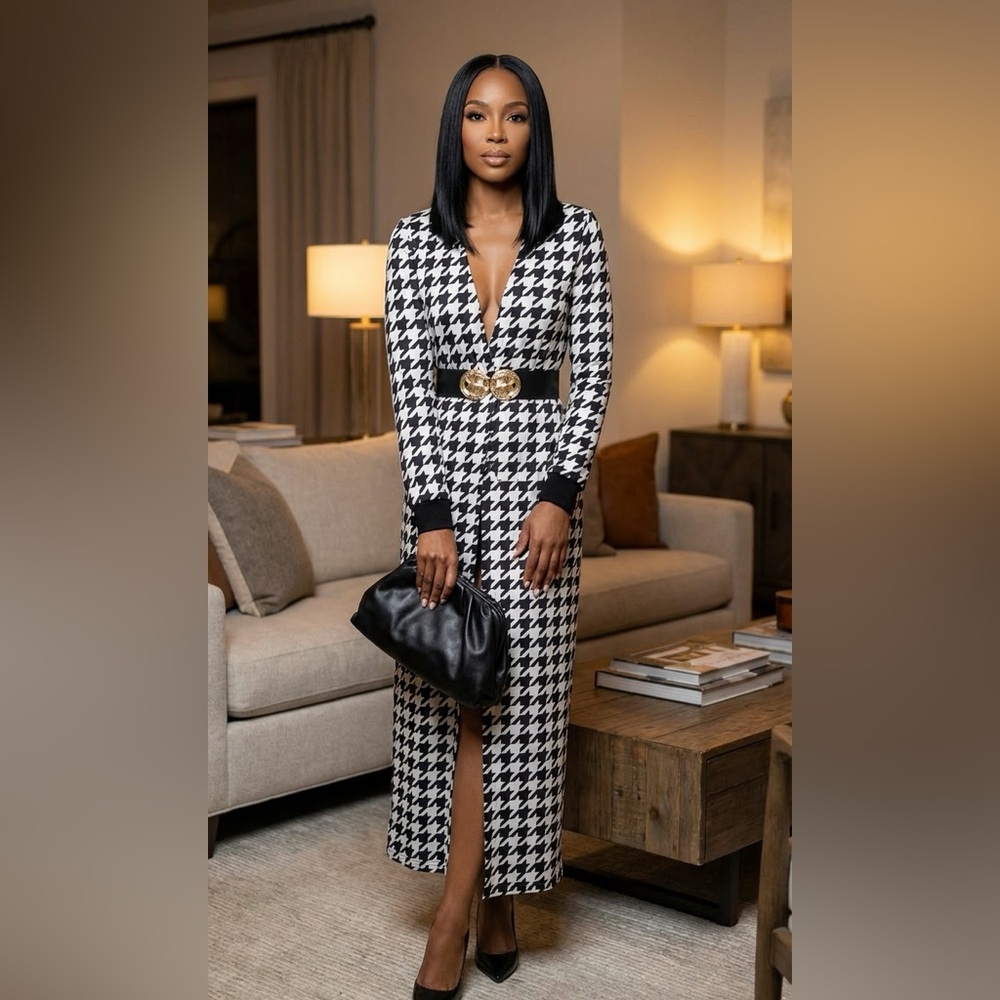 Houndstooth Print Longline Blazer Dress - Black and White